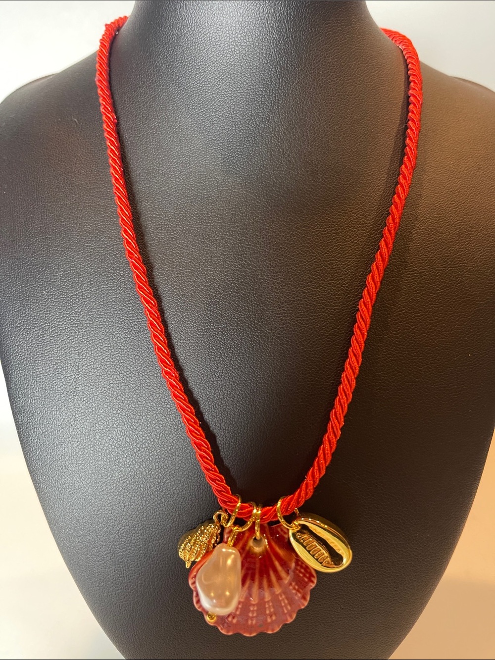 Red Rope Necklace with Gold Shell and Pearl Charms 01839